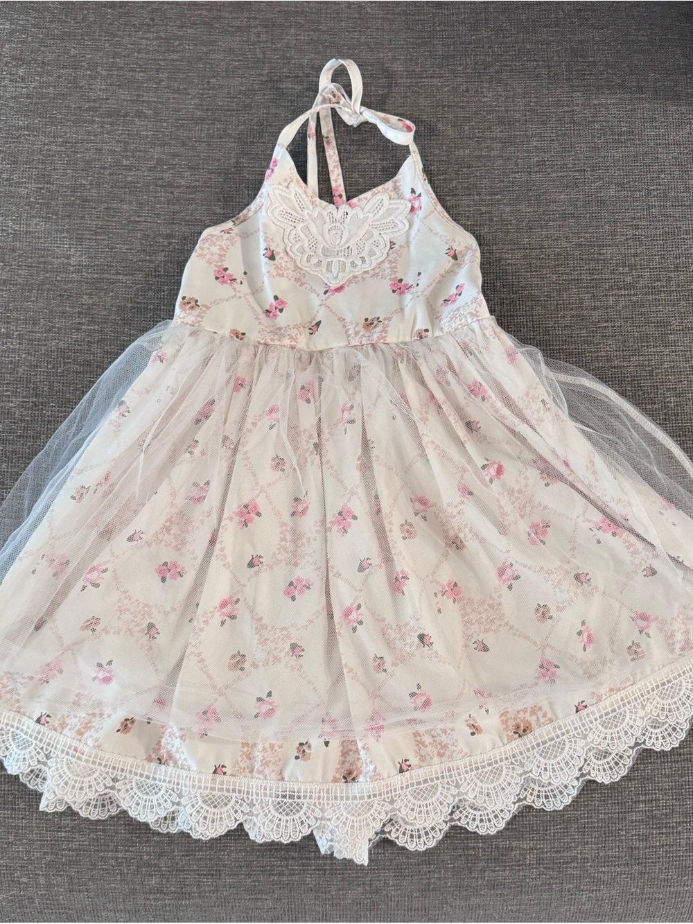 Girls Floral Halter Tulle Dress in Cream and Pink